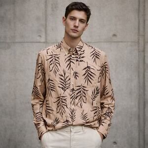 Schnayderman's Men's Leisure Button Down Shirt Beige Brown leaf print 15 1/2